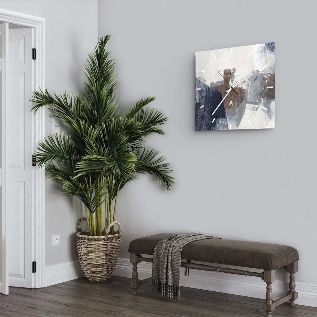 Orologio da parete - Orologio in Vetro - Forme astratte nelle tonalità del blu e del marrone - 30x30cm - Forme blu e marroni - Decorazione murale moderna per soggiorno e camera da letto ARTTOR