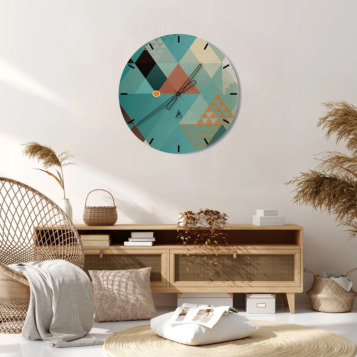 Orologio da parete - Orologio in Vetro - Una composizione geometrica di triangoli nelle tonalità del verde e del beige. - 30x30cm - Unità della molteplicità, molteplicità dell'unità
