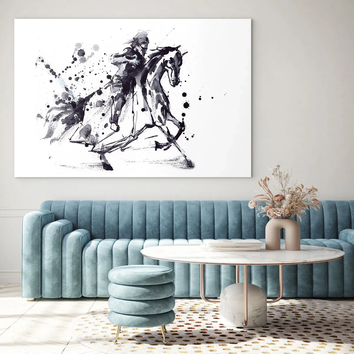 Quadro su vetro - Dipinto in bianco e nero di un cavaliere su un cavallo in stile astratto - 70x50cm - Il cavaliere nero - Decorazione murale moderna per soggiorno e camera da letto ARTTOR