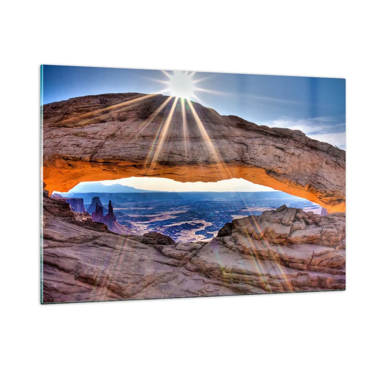 Quadro su vetro - Arco di roccia con raggi di sole sullo sfondo del paesaggio - 120x80cm - Attraverso il portale di roccia - Decorazione murale moderna per soggiorno e camera da letto ARTTOR
