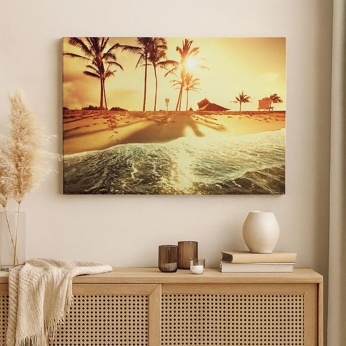 Quadro su tela - Stampe su Tela - Una spiaggia con palme illuminata da un caldo tramonto - 70x50cm - Pomeriggio in California - Decorazione murale moderna per soggiorno e camera da letto ARTTOR