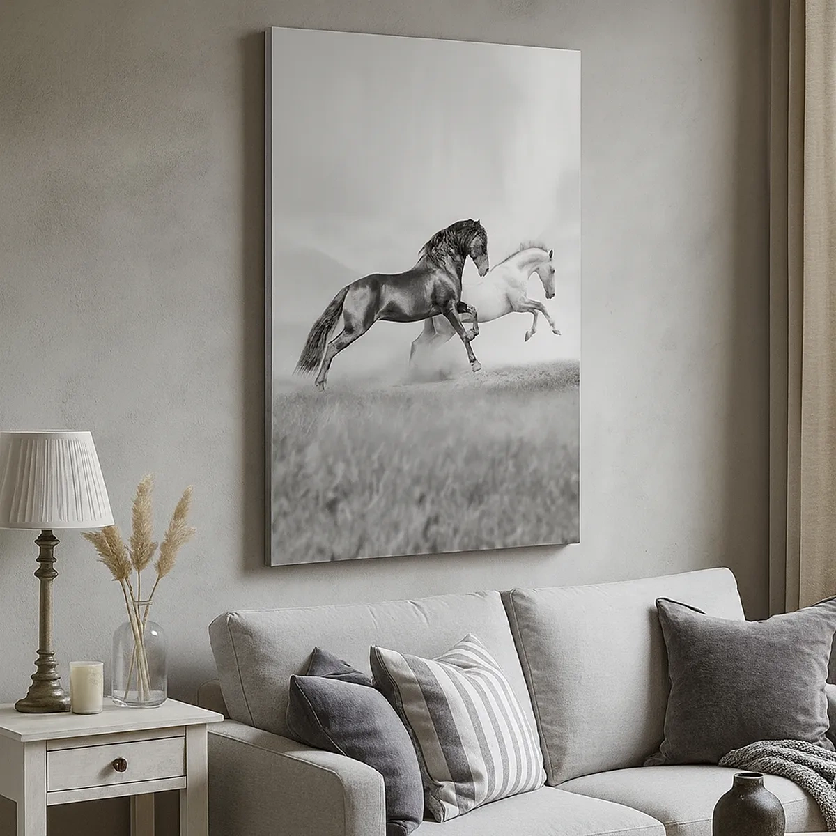 Quadro su tela - Stampe su Tela - Due cavalli al galoppo in una composizione dinamica in bianco e nero - 50x70cm - Angeli e demoni - Decorazione murale moderna per soggiorno e camera da letto ARTTOR