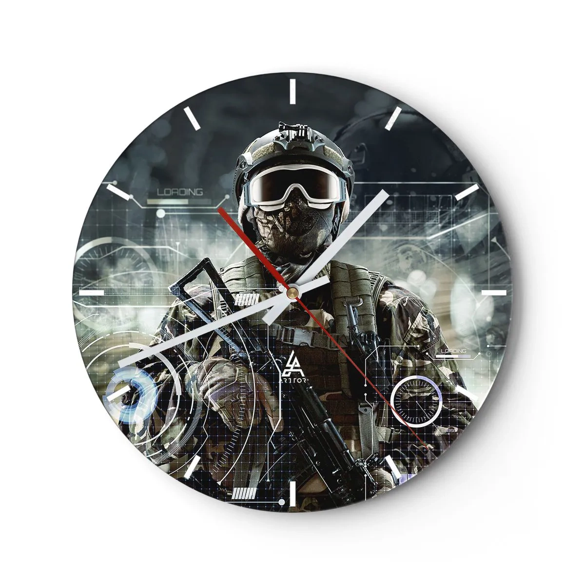 Orologio da parete - Orologio in Vetro - La figura di un soldato in equipaggiamento moderno sullo sfondo della grafica tecnologica - 30x30cm - Potenza al quadrato - Decorazione murale moderna per soggiorno, cucina e camera da letto ARTTOR