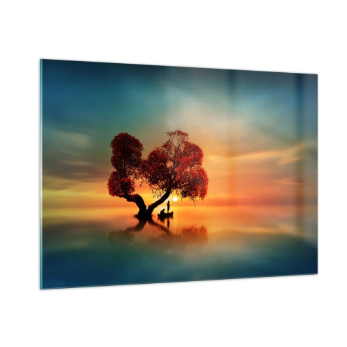 Quadro su vetro - Un albero con foglie rosse sullo sfondo del tramonto - 100x70cm - Gli esiliati e il silenzio fuori dal mondo - Decorazione murale moderna per soggiorno e camera da letto ARTTOR