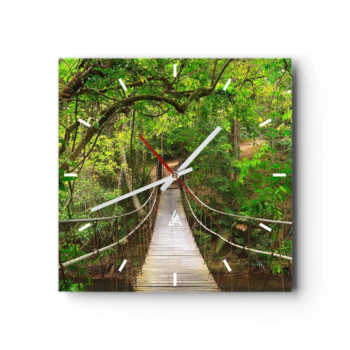 Orologio da parete - Orologio in Vetro - Un ponte sospeso circondato da una foresta pluviale verde - 30x30cm - Perché nel giardino crescono i rampicanti - Decorazione murale moderna per soggiorno e camera da letto ARTTOR