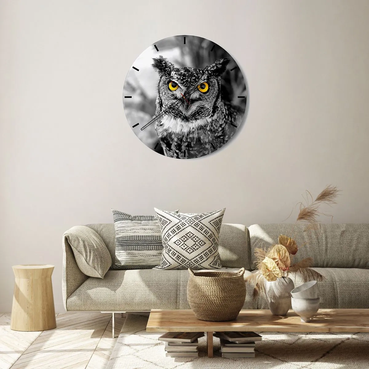 Orologio da parete - Orologio in Vetro - Un gufo con gli occhi gialli su uno sfondo bianco e nero - 30x30cm - Non si può nascondere niente - Decorazione murale moderna per soggiorno, cucina e camera da letto ARTTOR