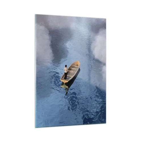 Quadro su vetro - Un uomo su una barca che naviga nell'acqua tra le nuvole - 50x70cm - Vita - viaggio - incertezza - Decorazione murale moderna per soggiorno e camera da letto ARTTOR