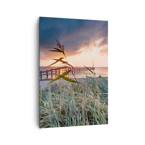 Quadro su tela - Stampe su Tela - Spiaggia al tramonto con erba in primo piano - 70x100cm - Non andrà via col vento - Decorazione murale moderna per soggiorno e camera da letto ARTTOR