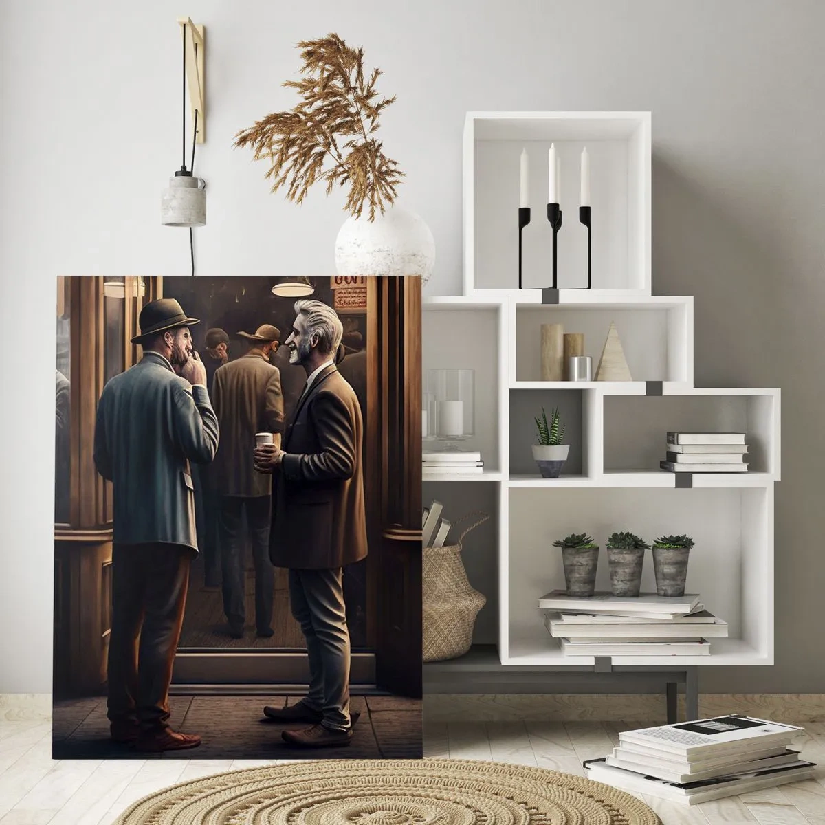 Quadro su vetro - Scena di strada con persone davanti a un caffè retrò - 80x120cm - Il buon momento della giornata - Decorazione murale moderna per soggiorno e camera da letto ARTTOR