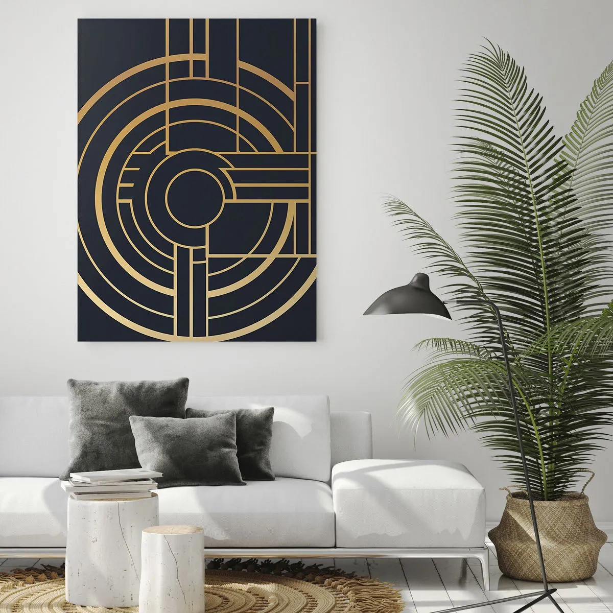 Quadro su vetro - Astrazione geometrica in oro e nero in stile Art Déco - 50x70cm - Il giro delle cose - Decorazione murale moderna per soggiorno e camera da letto ARTTOR