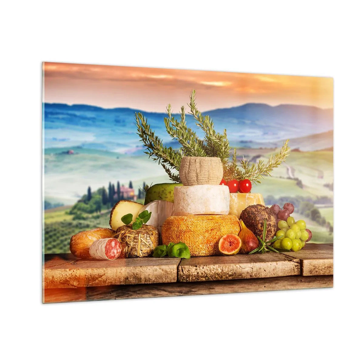 Quadro su vetro - Una composizione di formaggi e frutta sullo sfondo del paesaggio toscano - 100x70cm - La gioia italiana della vita - Decorazione murale moderna per soggiorno e camera da letto ARTTOR