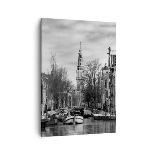 Quadro su tela - Stampe su Tela - Panorama in bianco e nero di Amsterdam con canale ed edifici storici - 50x70cm - Atmosfera di Amsterdam - Decorazione murale moderna per soggiorno e camera da letto ARTTOR