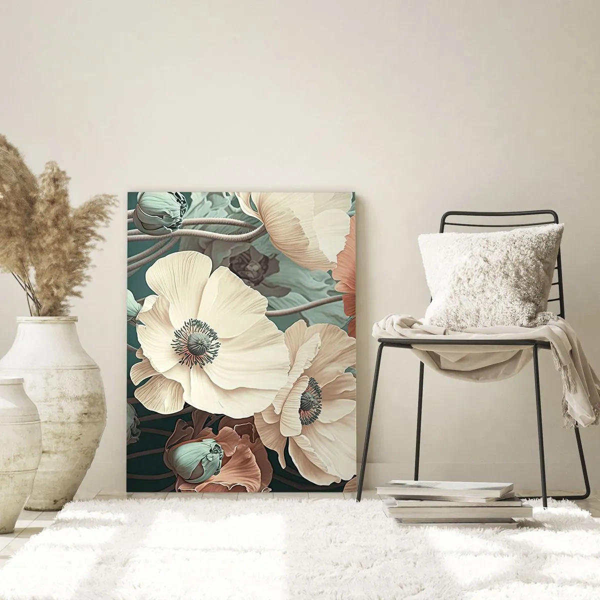 Quadro su vetro - Eleganti fiori in tonalità pastello su sfondo verde - 80x120cm - Il sussurro dei papaveri - Decorazione murale moderna per soggiorno e camera da letto ARTTOR