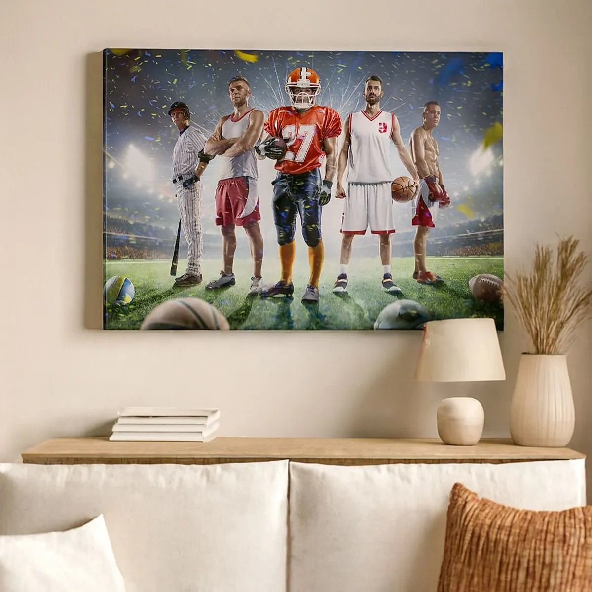 Quadro su tela - Stampe su Tela - Una scena dinamica di atleti di varie discipline nello stadio sotto i riflettori - 70x50cm - I campi dei gladiatori - Decorazione murale moderna per soggiorno e camera da letto ARTTOR