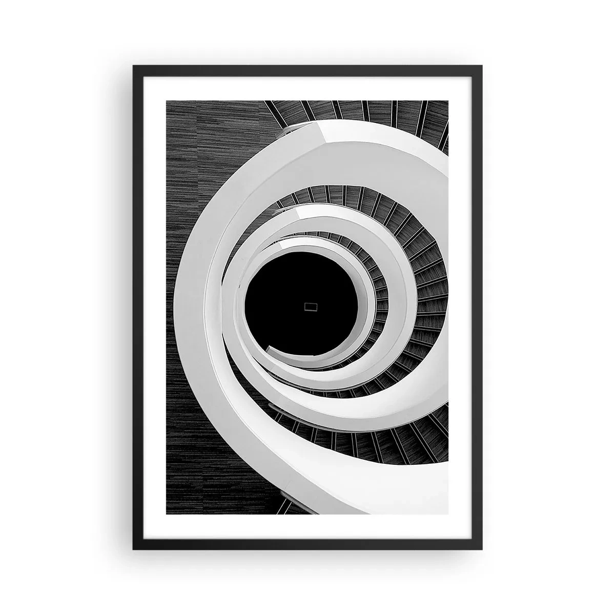 Poster in cornice nera - Una scala a chiocciola in bianco e nero con un design astratto - 50x70cm - Verso l'essenza delle cose - Decorazione murale moderna per soggiorno e camera da letto ARTTOR