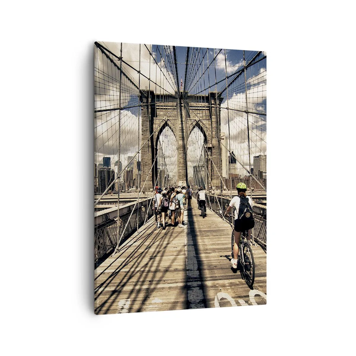Quadro su tela - Stampe su Tela - Ponte di Brooklyn con vista su pedoni e ciclisti - 50x70cm - Dritto al cuore della città - Decorazione murale moderna per soggiorno e camera da letto ARTTOR