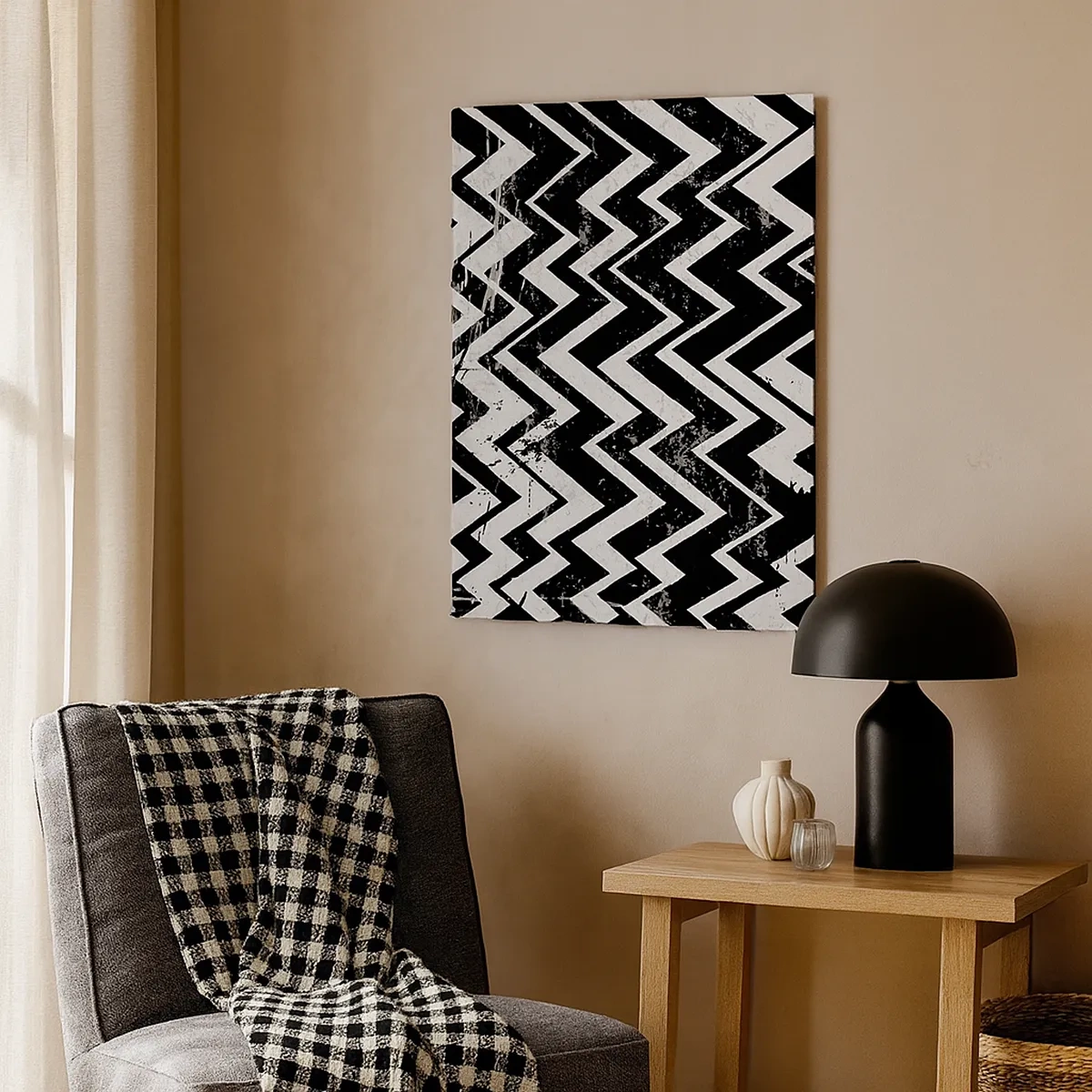 Quadro su tela - Stampe su Tela - Motivo a zigzag bianco e nero con abrasioni artistiche - 50x70cm - Zig-bianco, zag-nero - Decorazione murale moderna per soggiorno e camera da letto ARTTOR