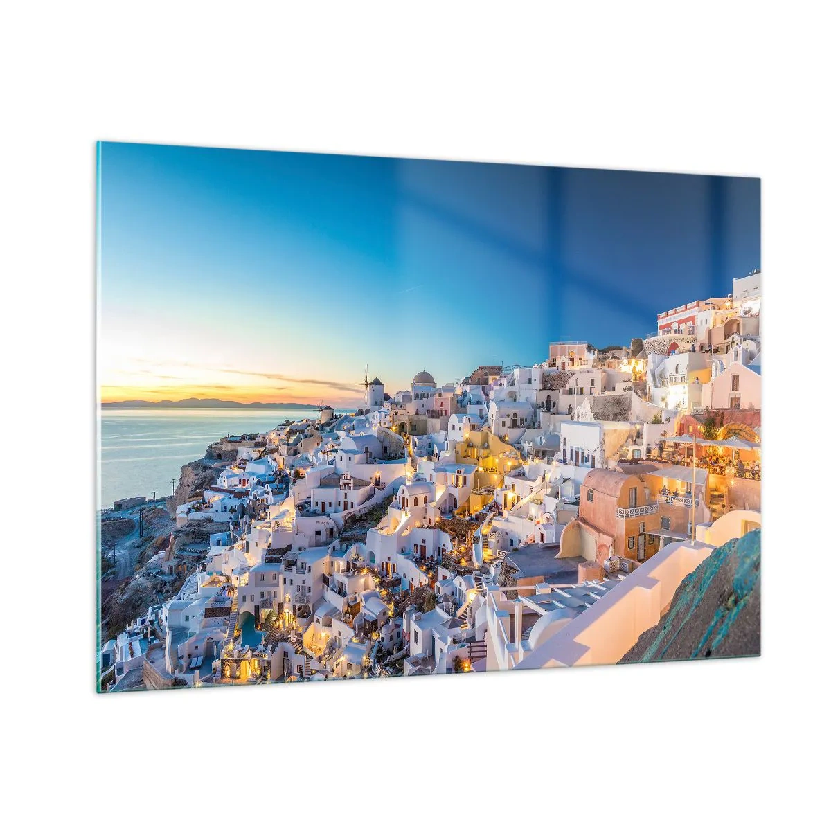 Quadro su vetro - Panorama di Santorini al tramonto - 100x70cm - Essenza della grecità - Decorazione murale moderna per soggiorno e camera da letto ARTTOR