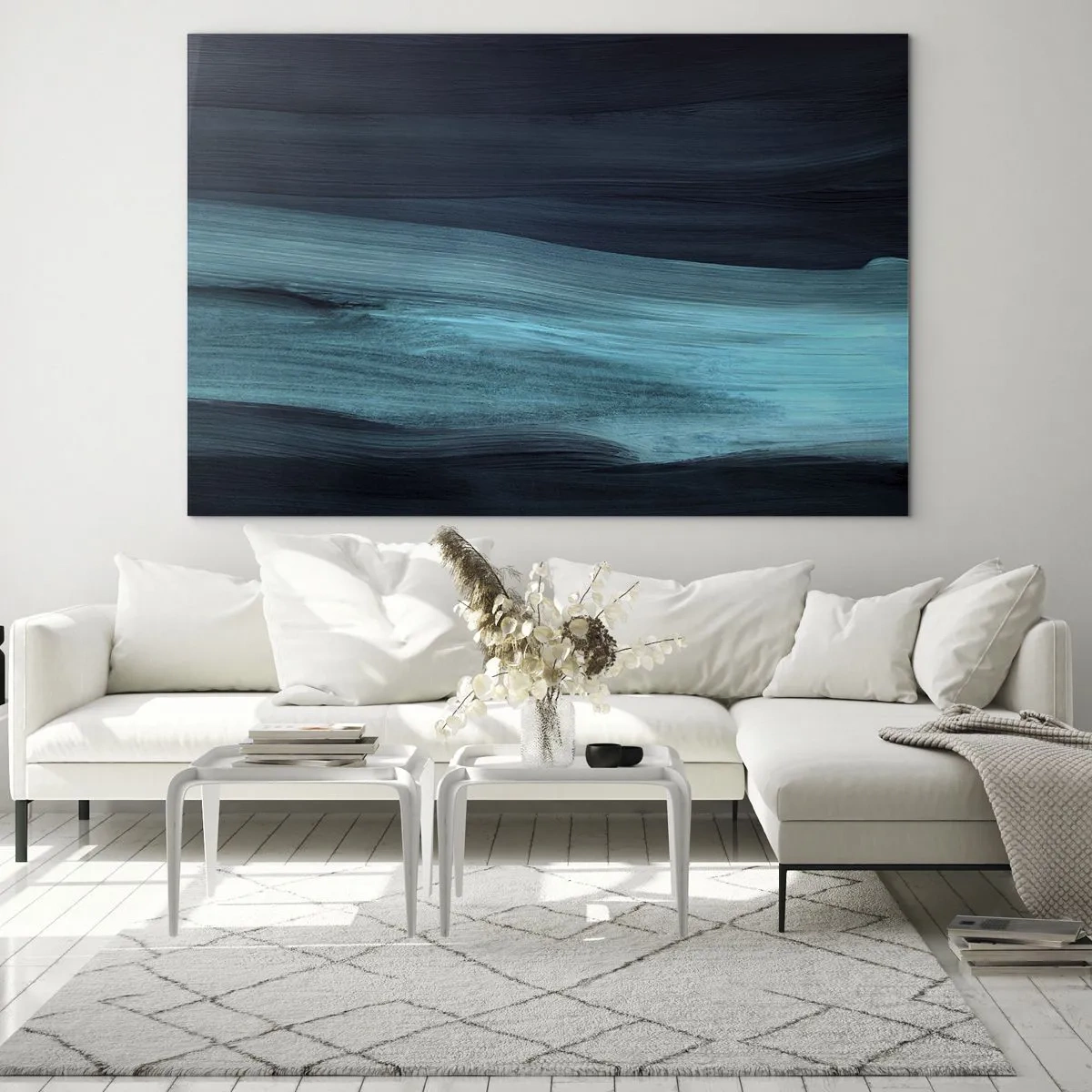 Quadro su vetro - Onda astratta nei toni del turchese e del blu navy - 120x80cm - Seguendo la corrente - Decorazione murale moderna per soggiorno e camera da letto ARTTOR
