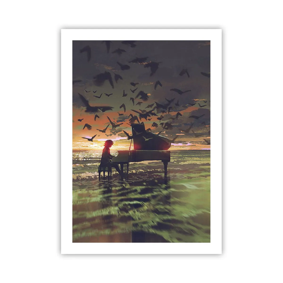 Poster - Silhouette di un pianista sullo sfondo di un tramonto - 50x70cm - Concerto per pianoforte e onde - Decorazione murale moderna per soggiorno e camera da letto ARTTOR