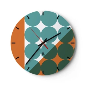 Orologio da parete - Orologio in Vetro - Cerchi geometrici nei toni del verde e dell'arancione - 30x30cm - In alto obliquo - Decorazione murale moderna per soggiorno, cucina e camera da letto ARTTOR