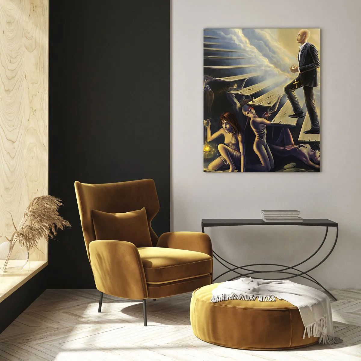 Quadro su vetro - Una scena simbolica del percorso verso la luce attraverso una scala fatiscente - 70x100cm - Viaggio dantesco verso la luce - Decorazione murale moderna per soggiorno e camera da letto ARTTOR