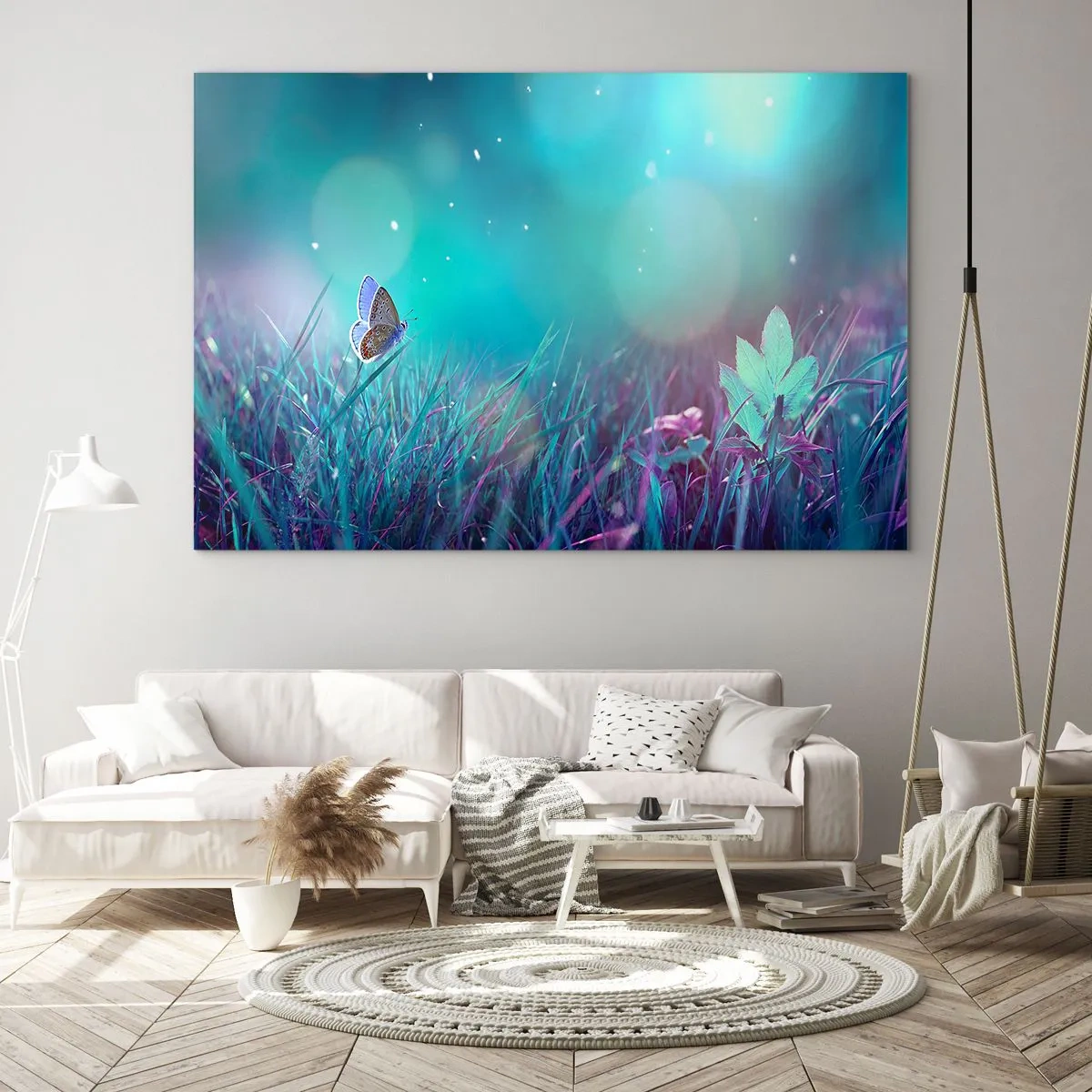 Quadro su vetro - Farfalla sull'erba in luce pastello - 70x50cm - La vita segreta del prato - Decorazione murale moderna per soggiorno e camera da letto ARTTOR