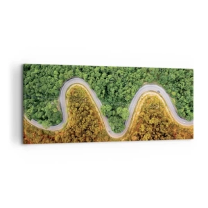 Quadro su tela - Stampe su Tela - Una strada tortuosa attraverso la foresta vista da una prospettiva a volo d'uccello - 120x50cm - Confine e separazione - Decorazione murale moderna per soggiorno e camera da letto ARTTOR