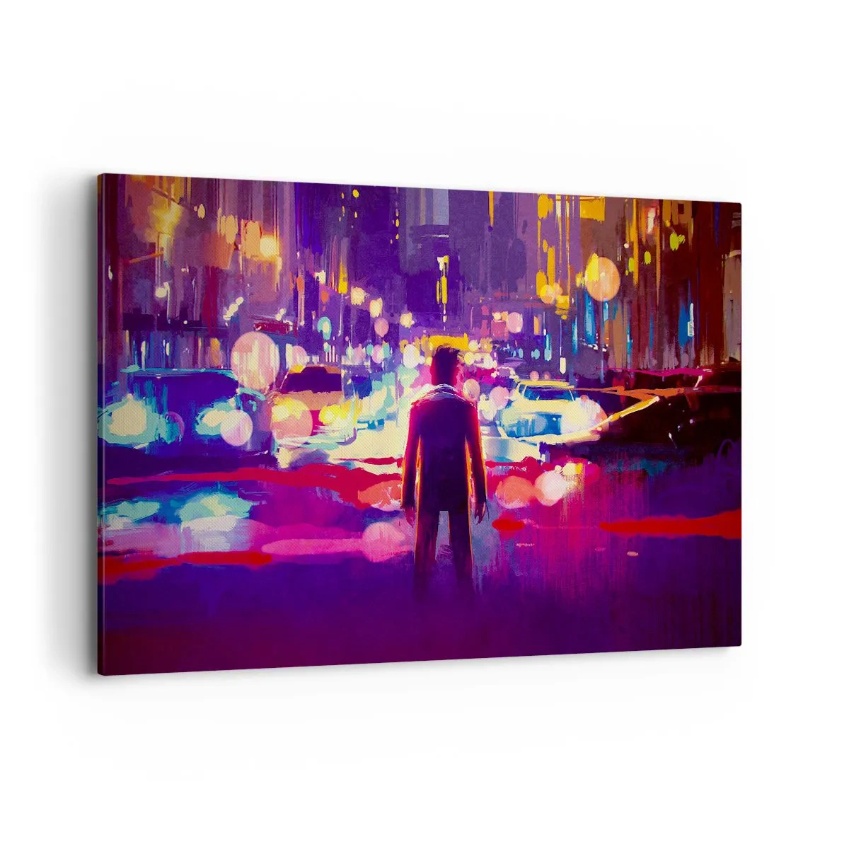 Quadro su tela - Stampe su Tela - Un uomo in una scena notturna di una città al neon - 120x80cm - Immerso nella luce - Decorazione murale moderna per soggiorno e camera da letto ARTTOR