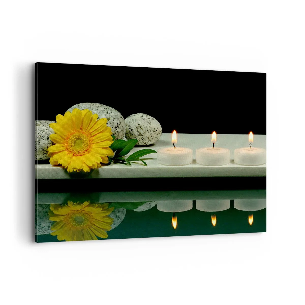 Quadro su tela - Stampe su Tela - Fiore giallo, candele e pietre sullo sfondo dell'acqua - 120x80cm - Il sollievo dei sensi - Decorazione murale moderna per soggiorno e camera da letto ARTTOR