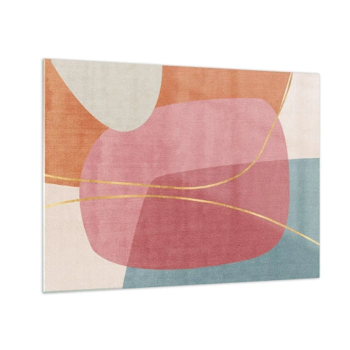 Quadro su vetro - Forme pastello con linee dorate intersecanti - 70x50cm - Composizione pastello con filo dorato - Decorazione murale moderna per soggiorno e camera da letto ARTTOR