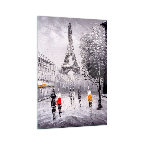 Quadro su vetro - Una vista della Torre Eiffel in un ambiente monocromatico con accenti di colore - 70x100cm - Passeggiata a Parigi - Decorazione murale moderna per soggiorno e camera da letto ARTTOR