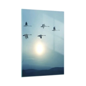 Quadro su vetro - Cigni in volo sullo sfondo del sole al tramonto e di un paesaggio invernale - 50x70cm - Addio estate, quest'anno - Decorazione murale moderna per soggiorno e camera da letto ARTTOR