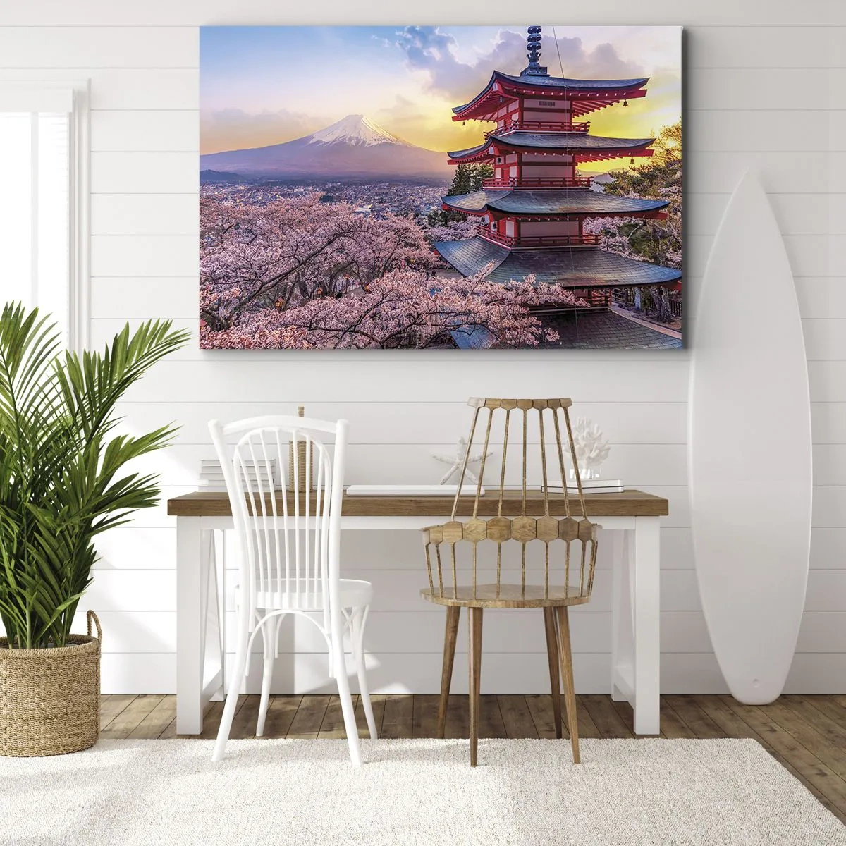 Quadro su tela - Stampe su Tela - Una pagoda in Giappone con fiori di ciliegio e il Monte Fuji - 120x80cm - L'essenza dell'anima giapponese - Decorazione murale moderna per soggiorno e camera da letto ARTTOR