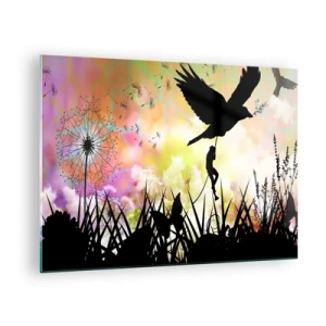 Quadro su vetro - Illustrazione di una figura che si arrampica su un uccello su uno sfondo di fiori colorati. - 70x50cm - Nell'atmosfera delle favole - Decorazione murale moderna per soggiorno e camera da letto ARTTOR
