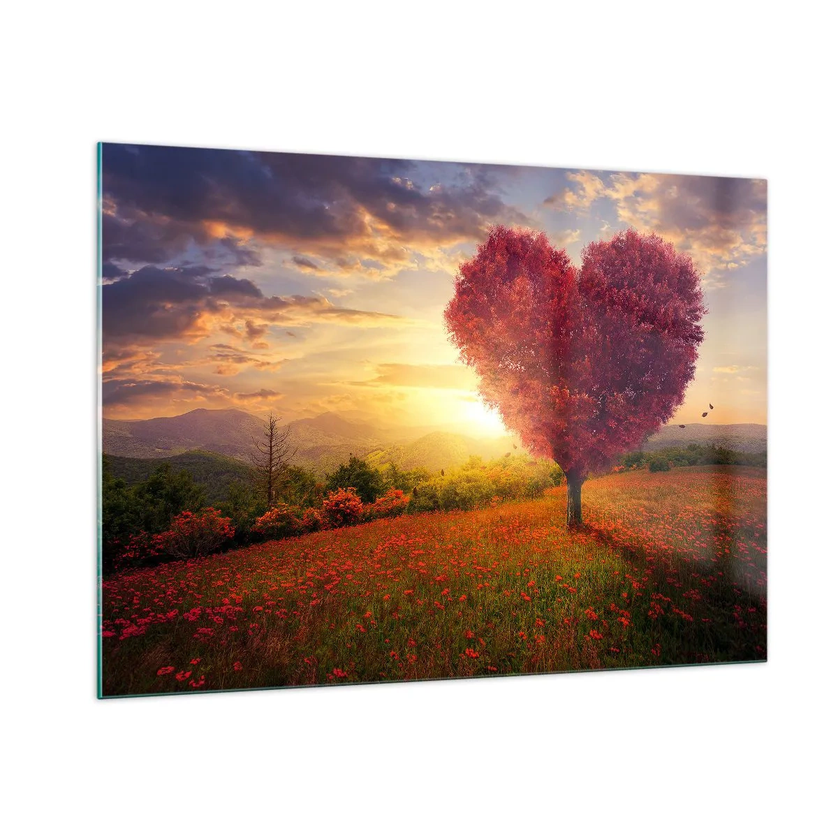 Quadro su vetro - Un albero a forma di cuore in un campo al tramonto - 100x70cm - Ti prende al cuore - Decorazione murale moderna per soggiorno e camera da letto ARTTOR