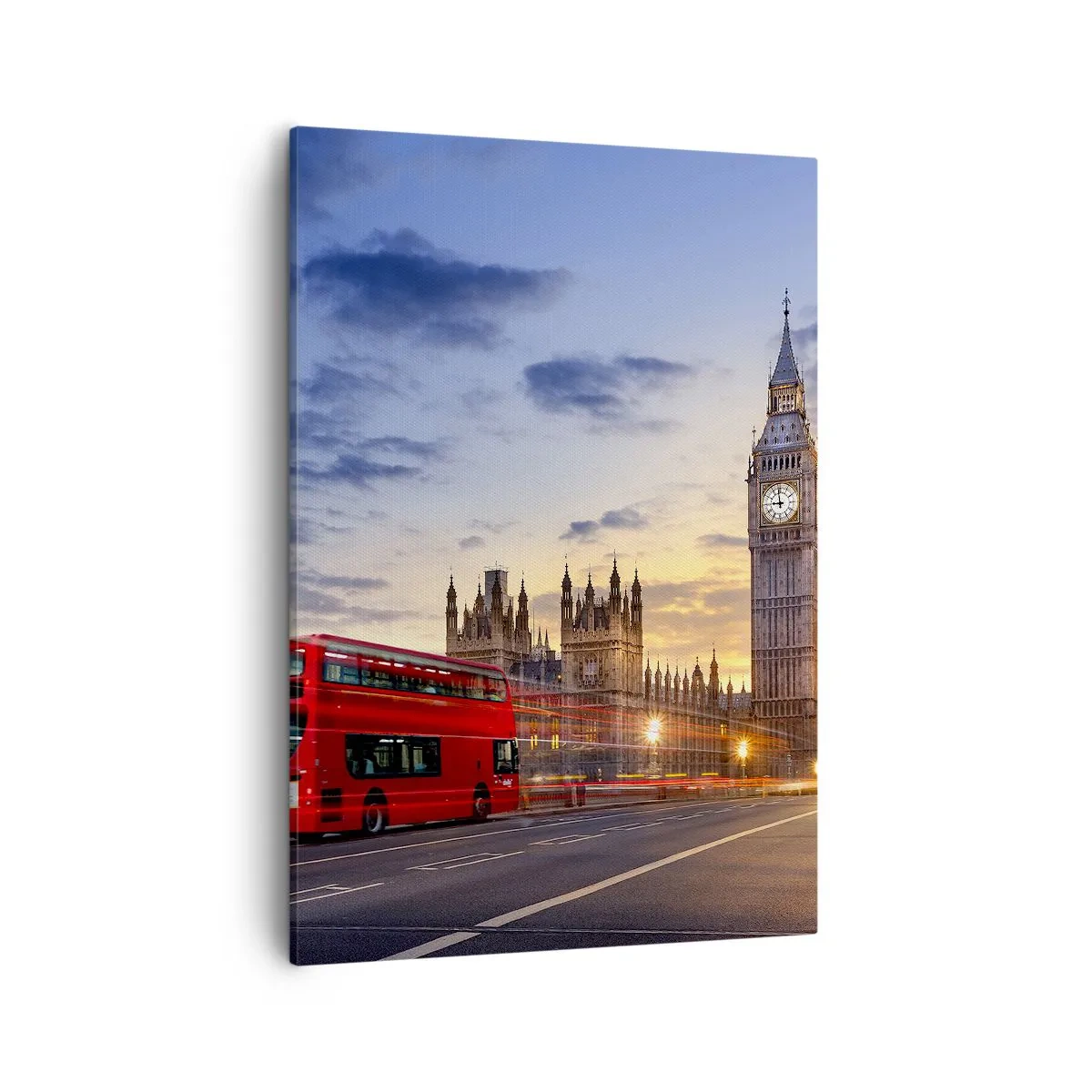 Quadro su tela - Stampe su Tela - Un autobus rosso con il Big Ben e il Parlamento sullo sfondo al tramonto. - 50x70cm - Segni particolari - Decorazione murale moderna per soggiorno e camera da letto ARTTOR