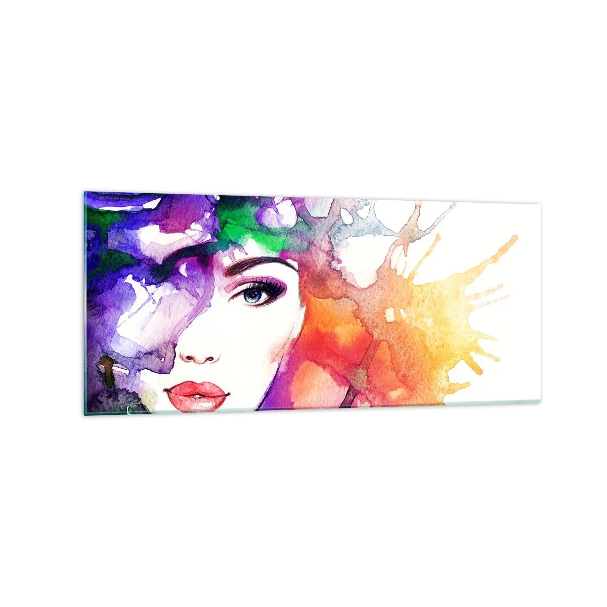 Quadro su vetro - Ritratto di una donna in colori acquerellati con macchie astratte - 120x50cm - Con la testa tra le nuvole - Decorazione murale moderna per soggiorno e camera da letto ARTTOR