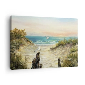 Quadro su tela - Stampe su Tela - Costa con gabbiani e dune al tramonto - 70x50cm - Silenzio senza vento - Decorazione murale moderna per soggiorno e camera da letto ARTTOR