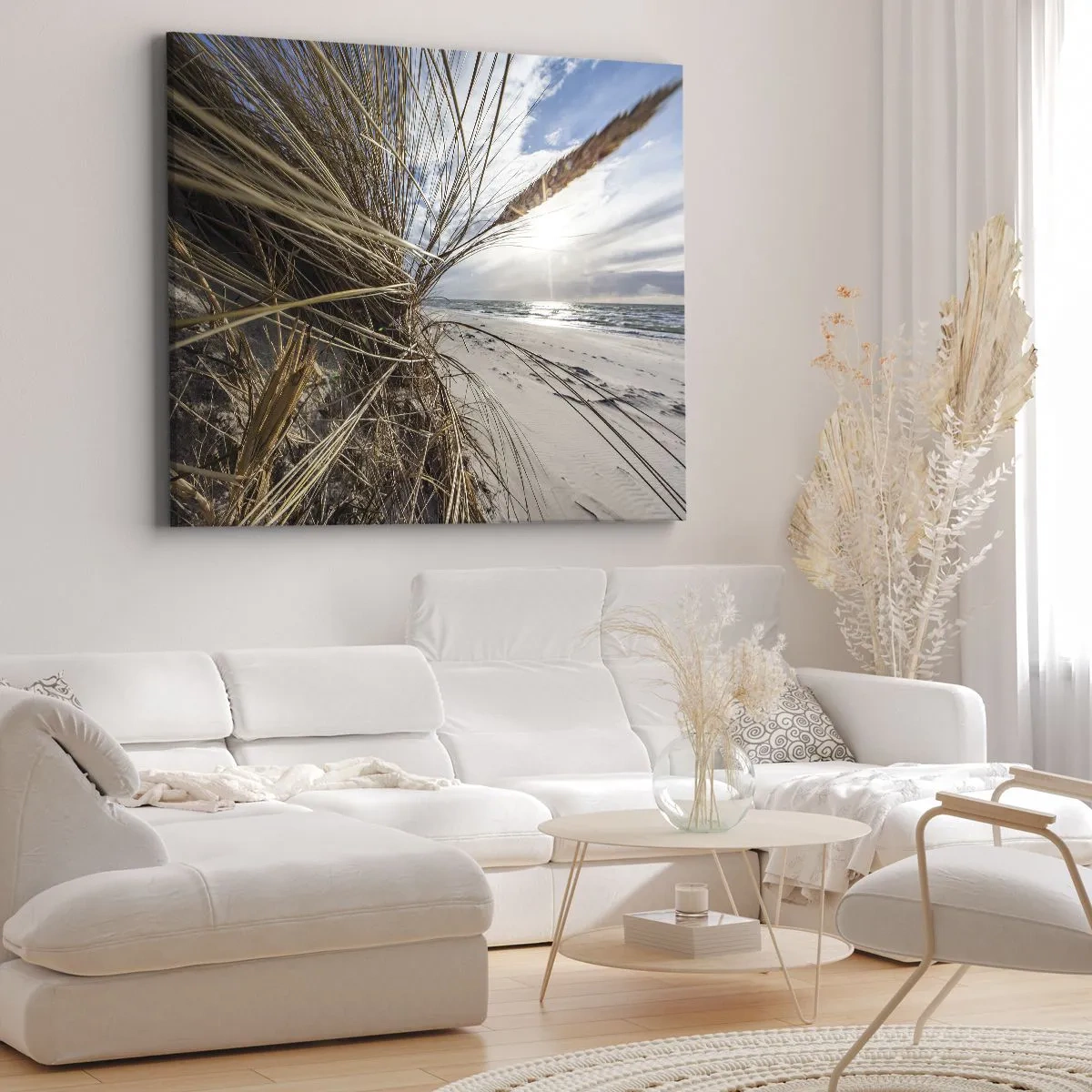 Quadro su tela - Stampe su Tela - Una spiaggia con erba secca sulle dune e vista sul mare - 70x50cm - L'incontro degli elementi - Decorazione murale moderna per soggiorno e camera da letto ARTTOR
