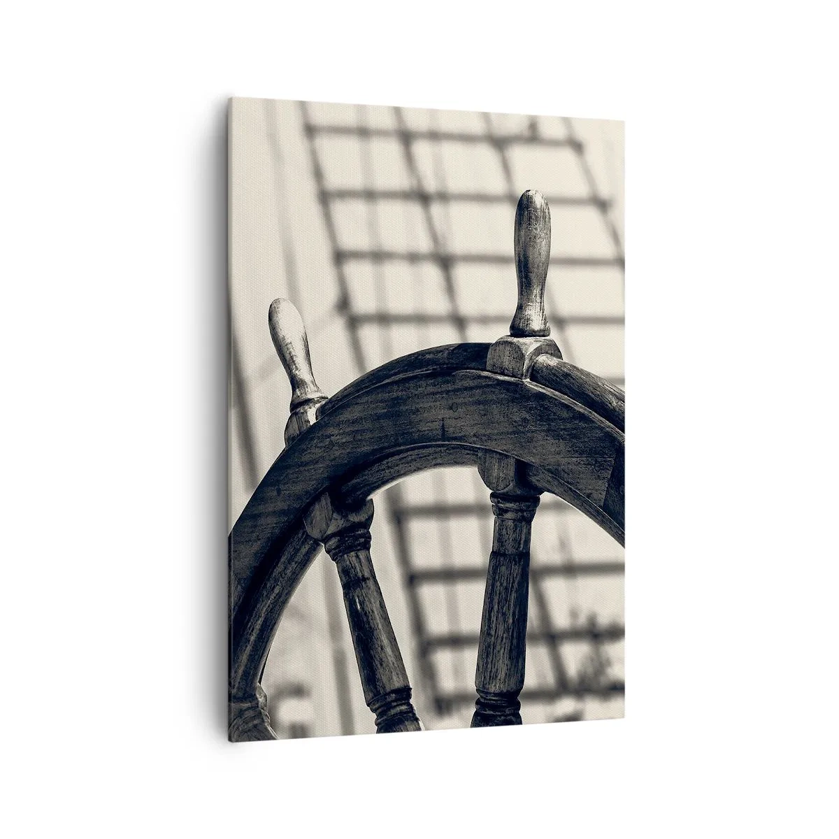 Quadro su tela - Stampe su Tela - Un timone a vela in stile retrò con una nave sullo sfondo - 70x100cm - Racconti del mare - Decorazione murale moderna per soggiorno e camera da letto ARTTOR