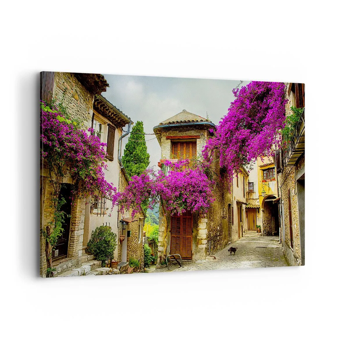 Quadro su tela - Stampe su Tela - Una strada di pietra con fiori rosa e case - 120x80cm - Sotto un baldacchino di fiori - Decorazione murale moderna per soggiorno e camera da letto ARTTOR