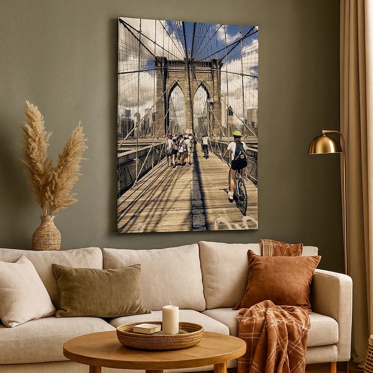Quadro su tela - Stampe su Tela - Ponte di Brooklyn con vista su pedoni e ciclisti - 50x70cm - Dritto al cuore della città - Decorazione murale moderna per soggiorno e camera da letto ARTTOR
