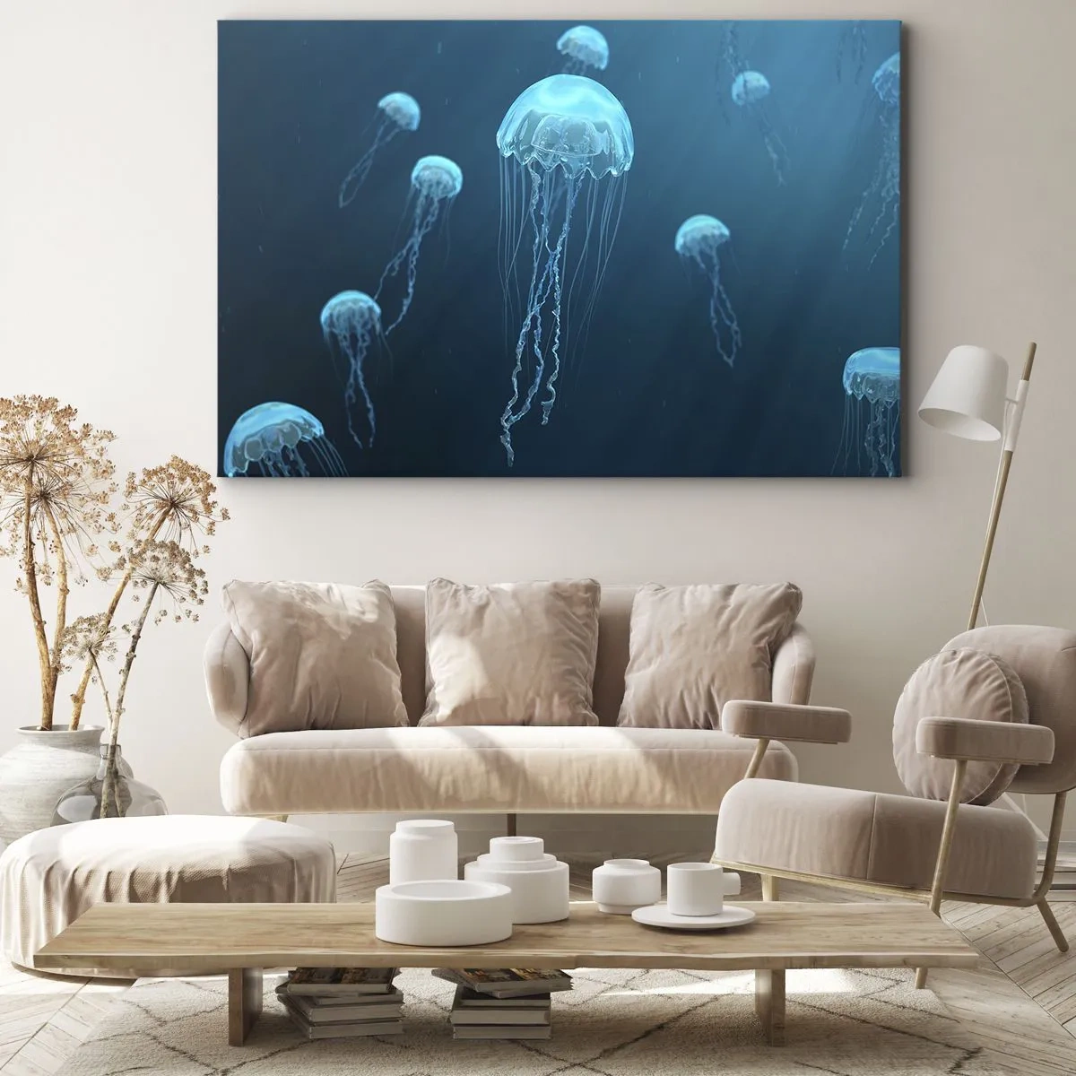 Quadro su tela - Stampe su Tela - Meduse che galleggiano nelle profondità dell'oceano nei toni del blu - 70x50cm - La danza oceanica - Decorazione murale moderna per soggiorno e camera da letto ARTTOR