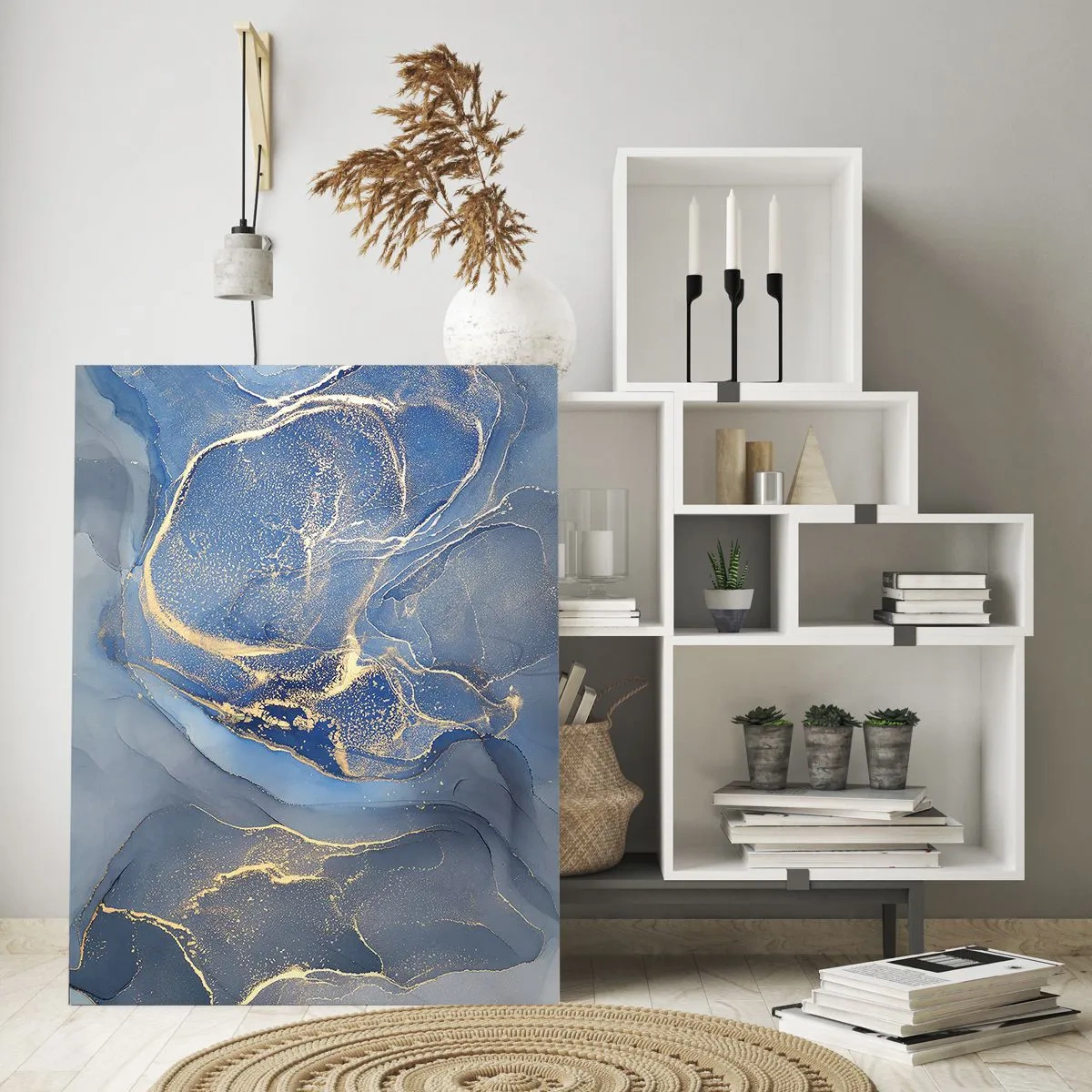 Quadro su vetro - Motivi astratti blu con accenti dorati - 80x120cm - Polvere d'oro - Decorazione murale moderna per soggiorno e camera da letto ARTTOR