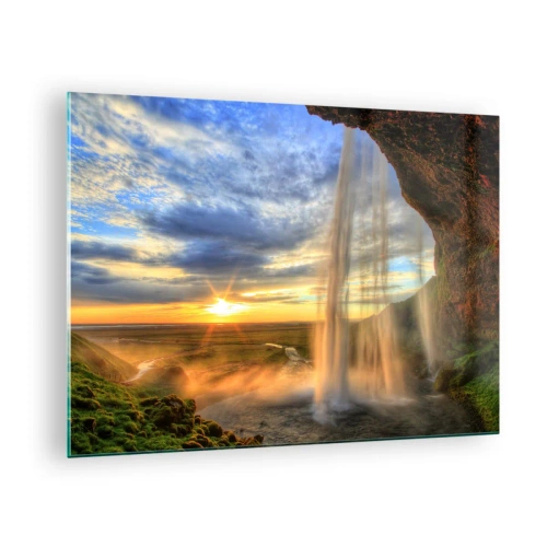 Quadro su vetro - Cascata con vista sul tramonto e sulla valle - 70x50cm - Il mondo dietro una tenda di gocce - Decorazione murale moderna per soggiorno e camera da letto ARTTOR
