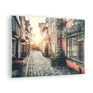 Quadro su vetro - Una strada affascinante con case popolari illuminate dal tramonto - 70x50cm - L'angolo delle rose nella luce rosata - Decorazione murale moderna per soggiorno e camera da letto ARTTOR