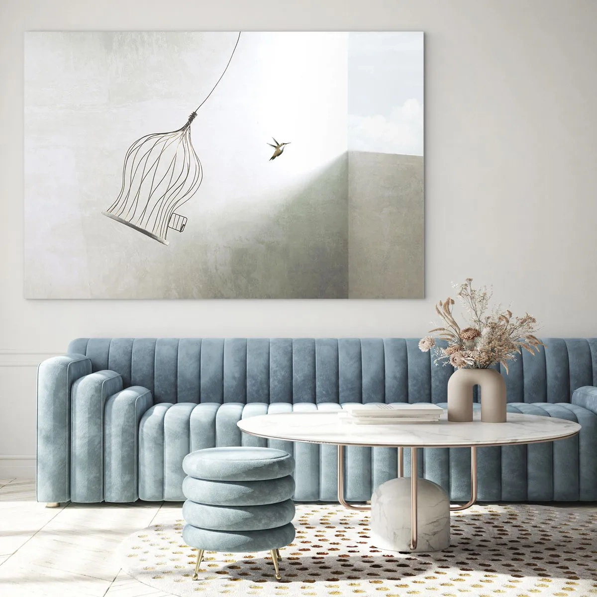 Quadro su vetro - Una gabbia aperta e un colibrì che vola via alla luce del giorno - 100x70cm - Nel proprio elemento - Decorazione murale moderna per soggiorno e camera da letto ARTTOR