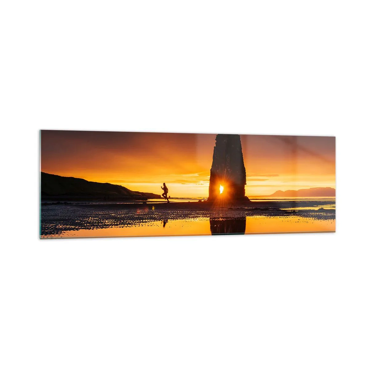 Quadro su vetro - Persona che corre sulla spiaggia al tramonto con formazione rocciosa - 160x50cm - Solo tu e la natura - Decorazione murale moderna per soggiorno e camera da letto ARTTOR