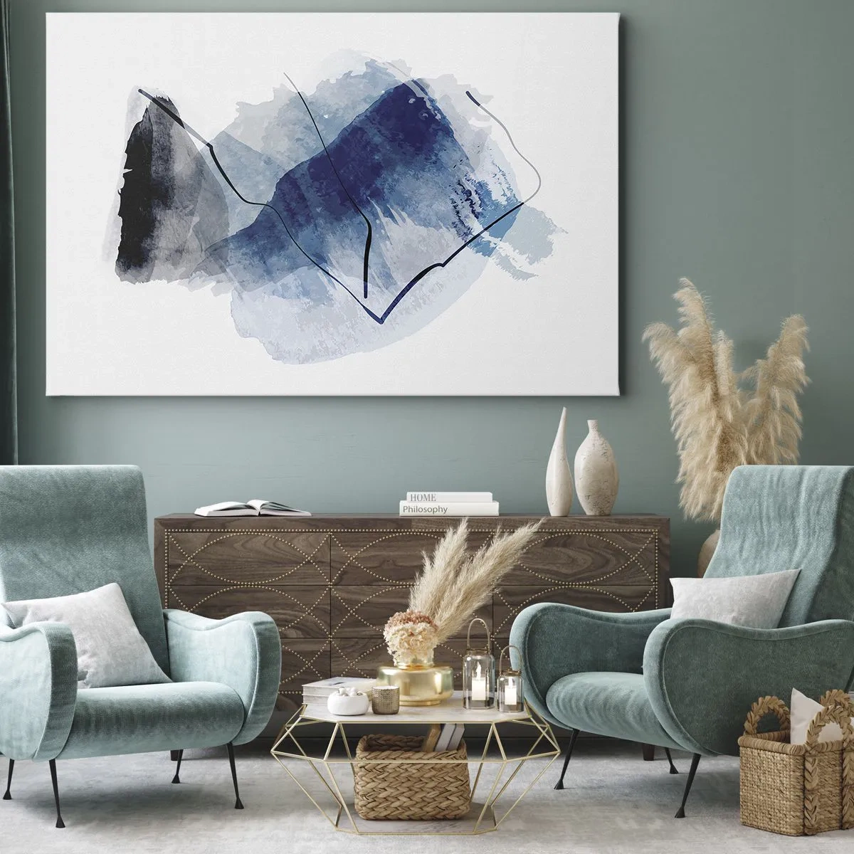 Quadro su tela - Stampe su Tela - Forme astratte nei toni del blu con linee delicate - 100x70cm - Monte di ghiaccio - Decorazione murale moderna per soggiorno e camera da letto ARTTOR